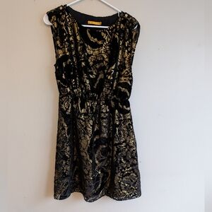 Alice + Olivia Black & Gold Metallic Velvet  Sleeveless Holiday Glam Party Dress